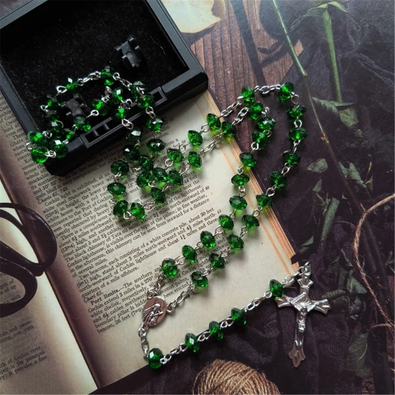 Green Stones Rosary Cross Necklace Christian VirginMary Center Accessories Sweater Chain Church Jewelry Accessories