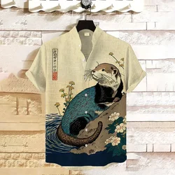 2024 Hawaiian casual men's short-sleeved shirt cute otter print men's stand-up collar tops daily large size fashion men's shirt