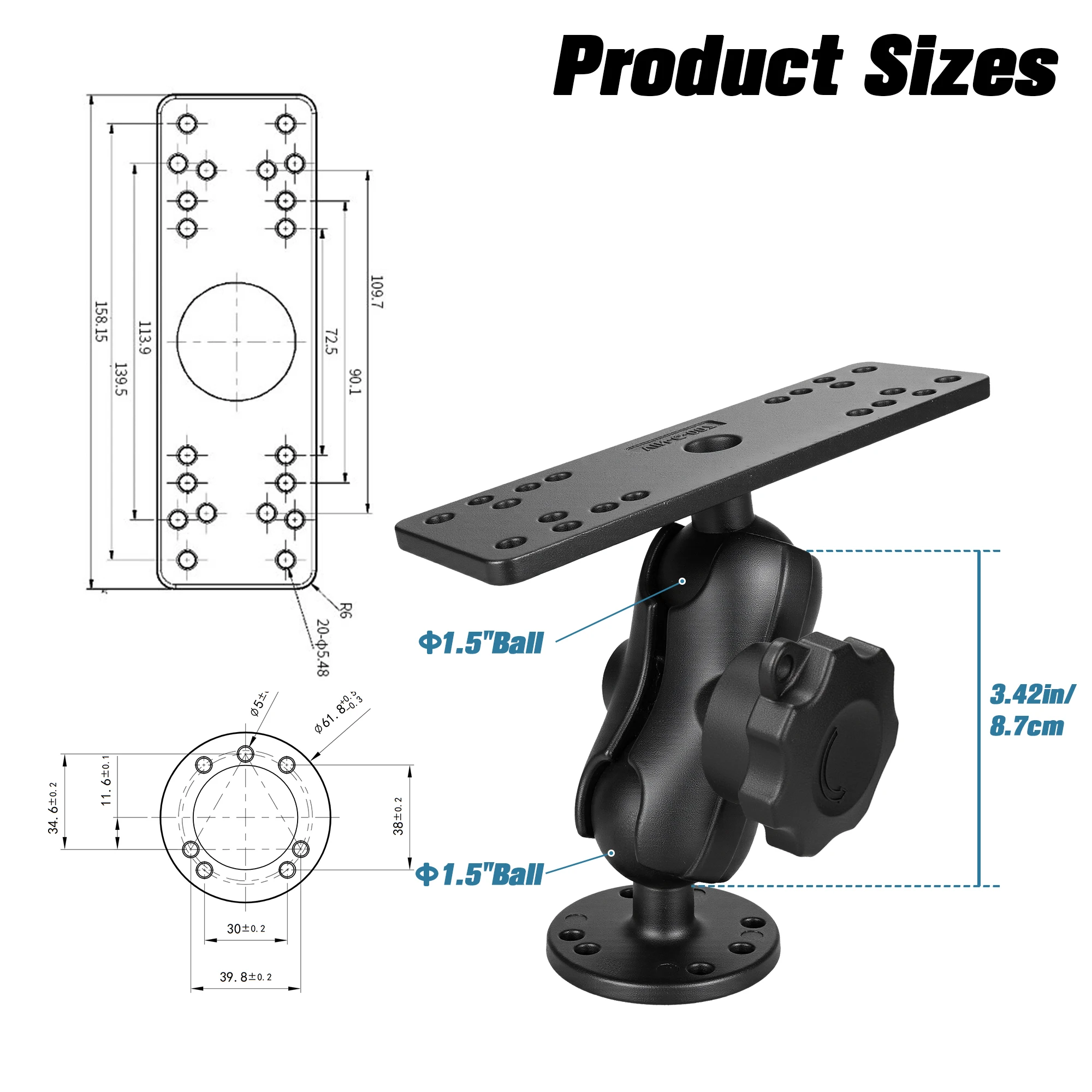 Anti Theft Aluminum Fish Finder Mount with Lock Knob,3.42 Short Arm,Saltwater Resistant,CompatiblewithGarmin,Lowrance,Humminbird