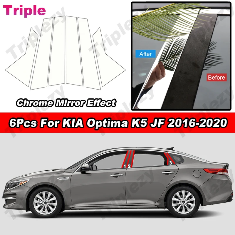 6Pcs Glossy Chrome Exterior PC Material Door Window B C Pillar Posts Trim Cover Decal Sticker For KIA Optima K5 JF 2016-2020