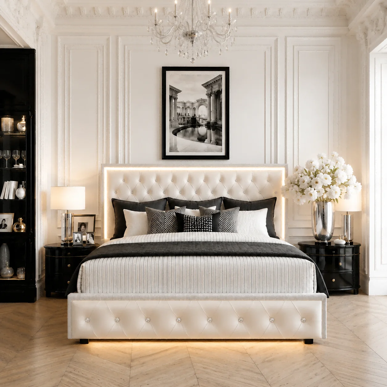 Sibeds Queen Size Bed Frame with LED Lights , King Size with 2 Drawers, Full Bed Crystal Button Tufted Headboard, Solid Slats, Noise Free, No Box Spring Needed, Easy Assembly，PU & Velvet