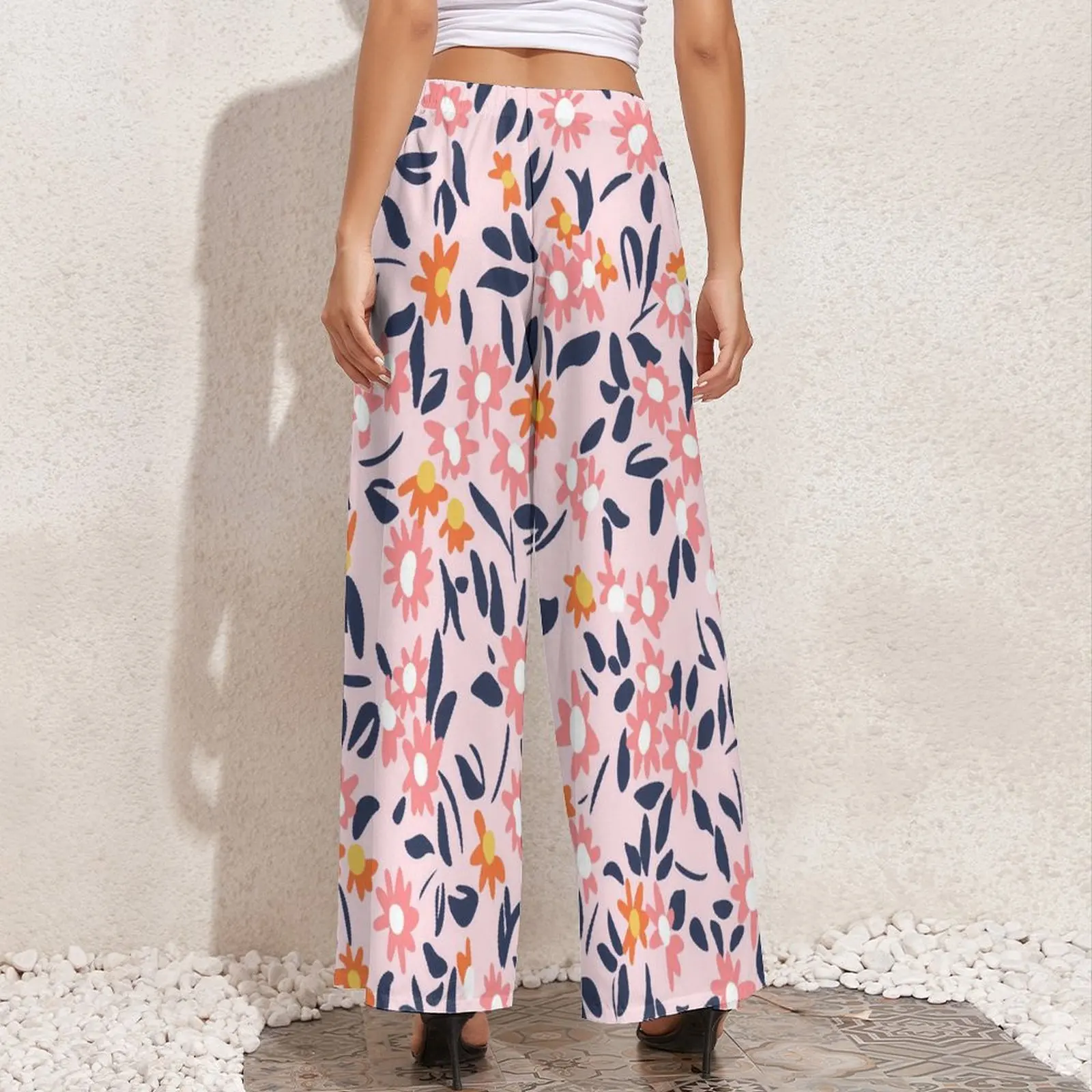 Pantalones con estampado de margaritas rosas, Pantalón ancho de cintura alta con estampado de flores de Pradera, ropa de calle informal