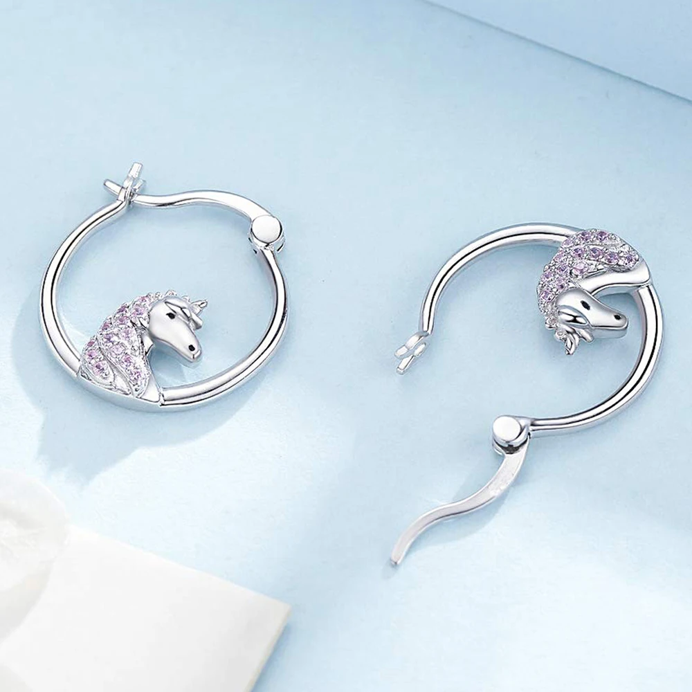 Harong Unicorn Hoop Earrings Classic Jewelry Party Small Zircon Exquisite Cute Animal Silver Plated Earring Woman Gift