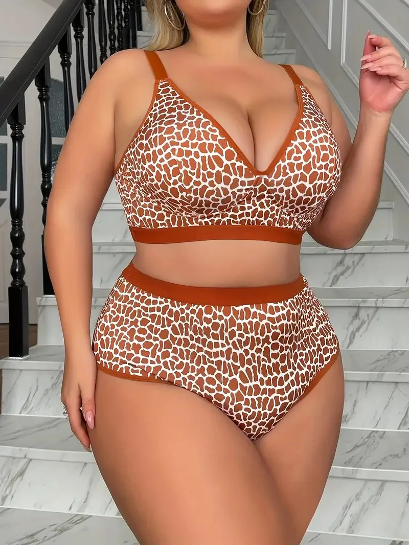 1 Set Women\'s Lingerie Set, Plus Size Allover Leopard Print Contrast Binding Deep V Bra & Panty Lingerie