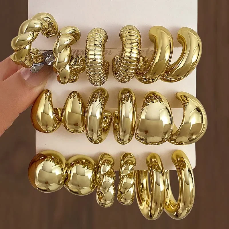 New Trendy Gold Color Twisted C Shape Tear Drop Earrings Set for Women Fashion Metal Geometric Circle Earrings Party Jewelry