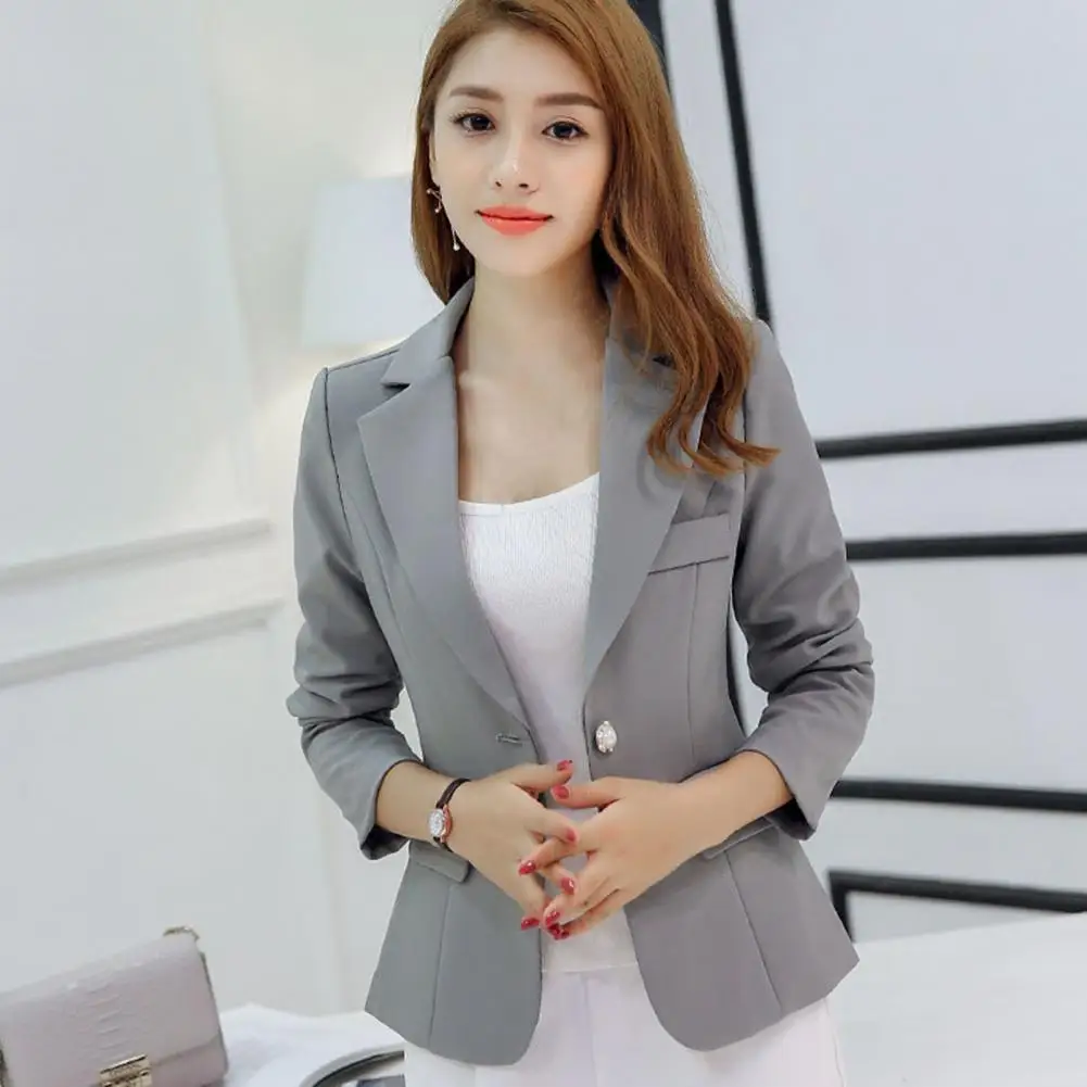 Primavera otoño mujer Blazer solapa manga larga bolsillos con solapa chaqueta de oficina Color sólido estilo de desplazamiento traje de un solo botón abrigo