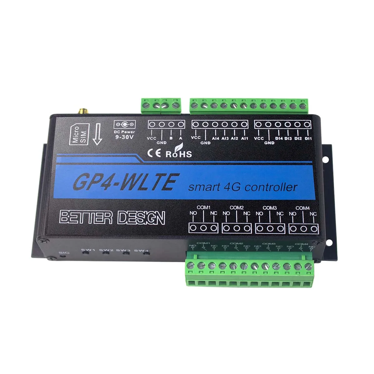 GP4-WLTE Smart 4G Global GSM SMS APP Controller RS485 WEB Control 4 CH 4-20ma Analog Inputs 10A Relay Outputs