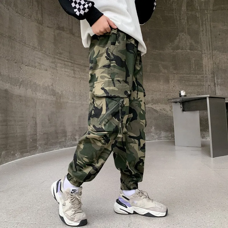 Boys Camouflage Jogging Pants Streetwear Cotton Cargo Trousers Harajuku Casual Joggers Spring Fall for Kids Clothes 6 to 14 Year