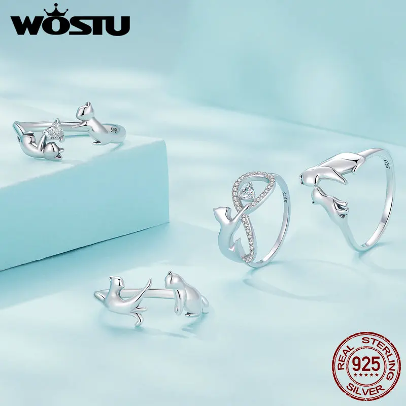 WOSTU Real 925 Sterling Silver Cat & Infinite Symbol Band Rings per le donne Clear AAA zircone Animal Pet Ring regalo di gioielli di compleanno
