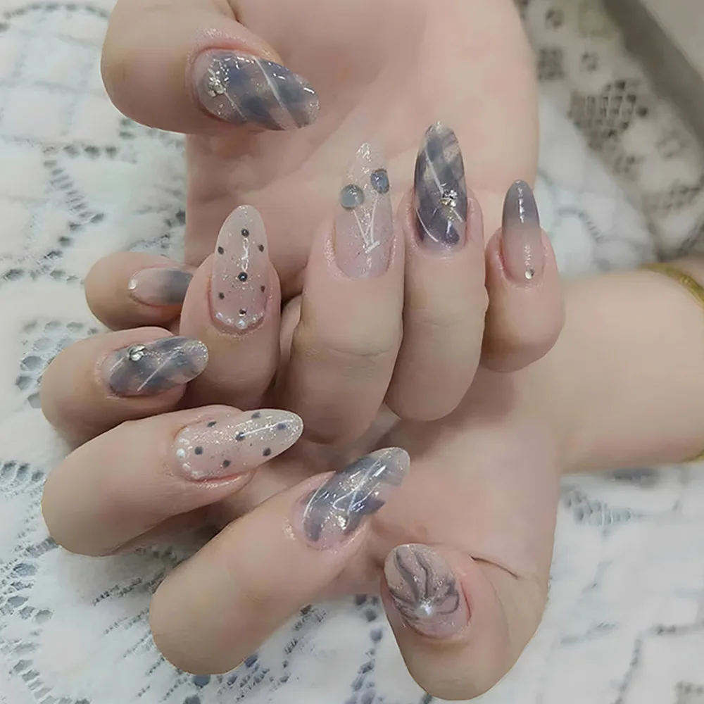 

24Pcs Blue Almond Full Cover Nail Tips Short Round Head Fake Nails Set with Cherry Design Wearable Glitter Press on False Nails