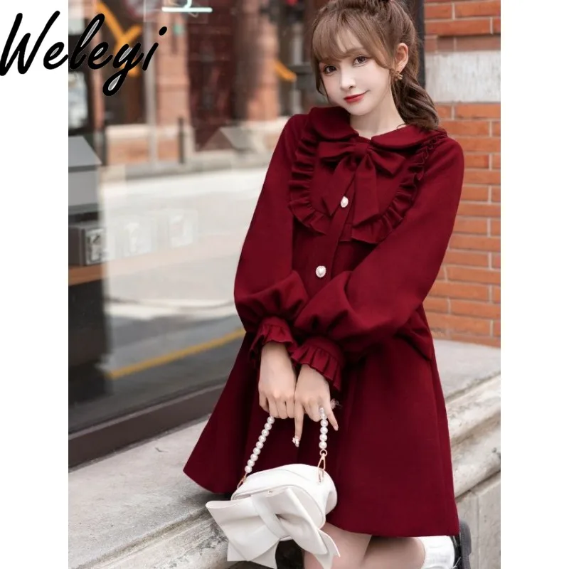 Herfst en winter lief meisje wollen jas Lolita originele elegante schattige pop kraag lange mouw strik middellange en lange cape jassen