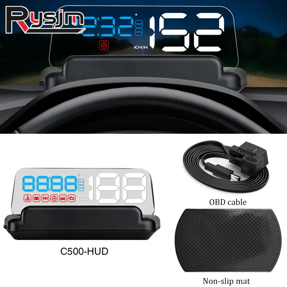 Car OBD2 HUD C500 Head Up Display Speedometer Auto Electronic Water Temp RPM Voltage Alarm Fuel Consumption Windshield Projector