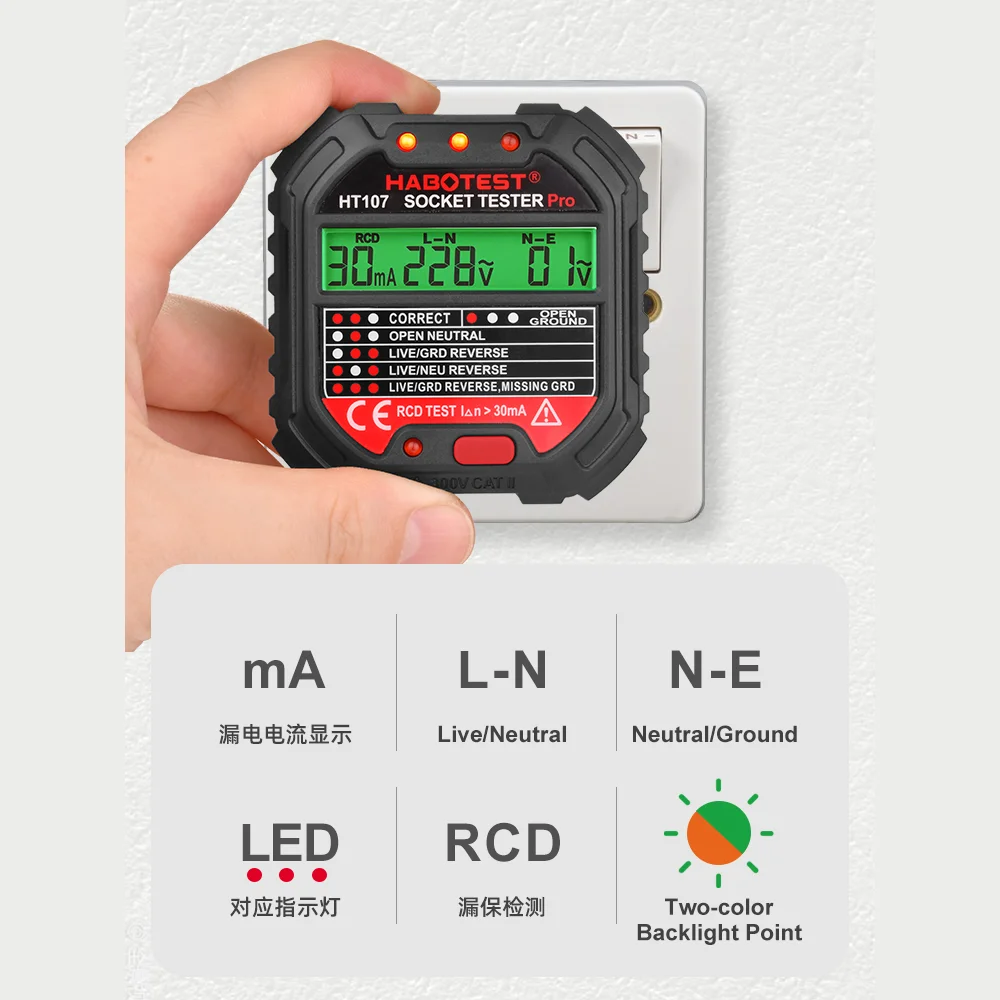 HT106/HT107 Digital Outlet Socket Detector Voltage Test Socket Testers US/UK/EU Plug Ground Zero Line Phase Check RCD NCV Tester