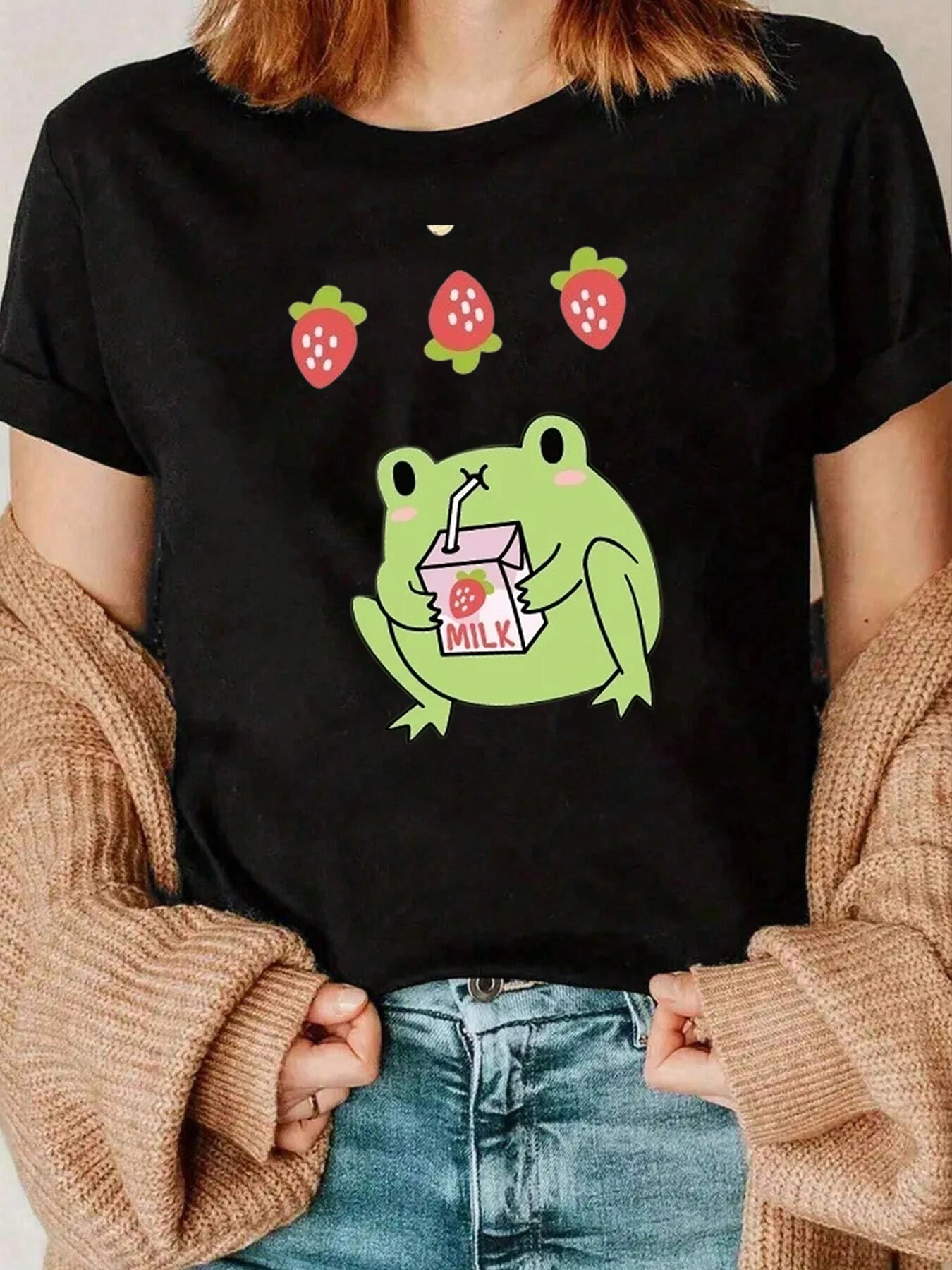 Frosch trinken Erdbeermilch-Druck-T-Shirt, lässiges Sommer-Top für Damen, 220 g