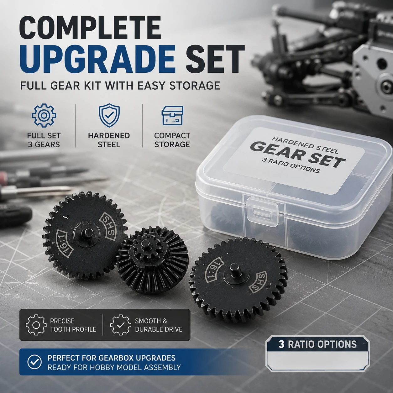 16:1 Hard Steel Driving Gear Set Full 3-piece Structure Anti-abrasion Hobby Desktop Model Mechanical Modification Supplies