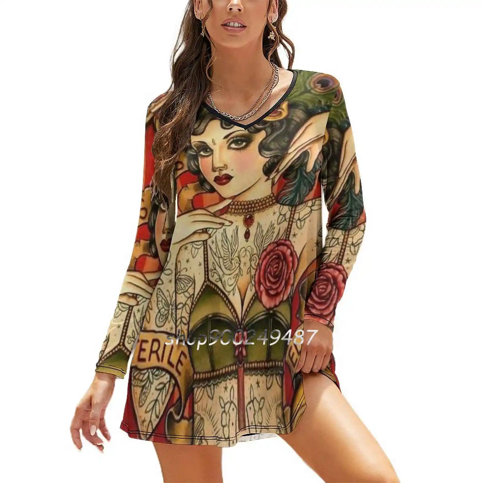 Chapel Tattoo ; Vintage Body Advertising Art Women Casual High Waist Mini Dress Long Sleeve Dress Autumn New Fashion Dress