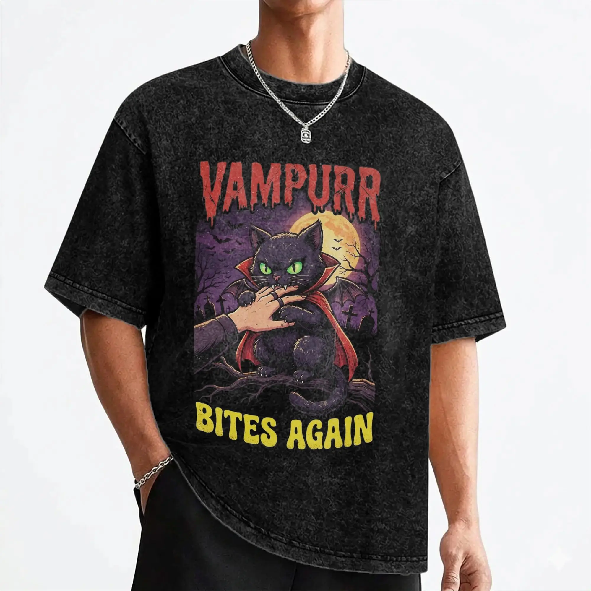 Vampurr Bites Again Halloween Vampire Cat Washed T Shirt Streetwear Novelty T-Shirt  Tee Shirt Men Women Short Sleeve