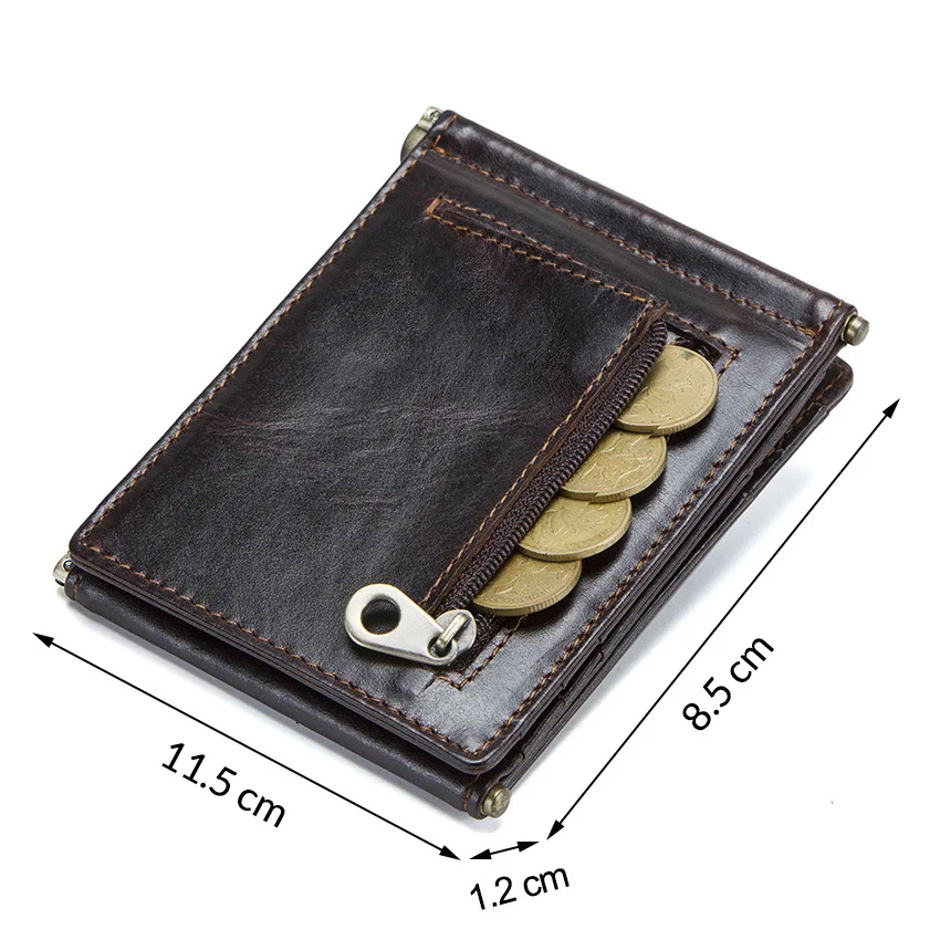 Imagem -02 - Crazy Horse Couro Couro Rfid Money Clip Slim Card Wallet Trifold Suporte Masculino Braçadeira de Dinheiro Zip Coin Pocket Couro