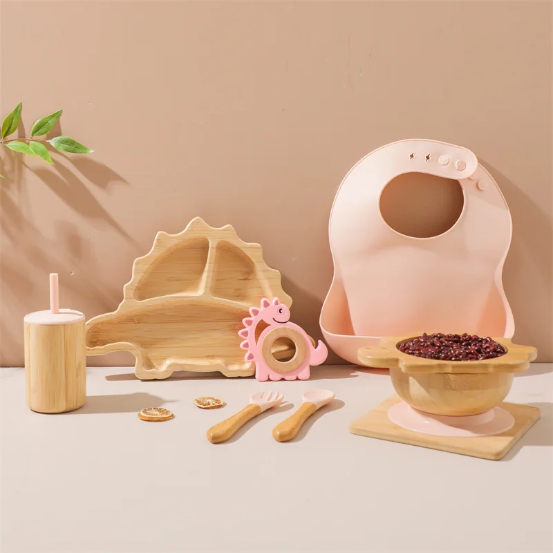 Baby Wooden Tableware Feeding Set Bamboo Dinosaur Plate Bowl Baby Dinnerware Feeding Supplies Silicone Wooden Handle Frok Spoon