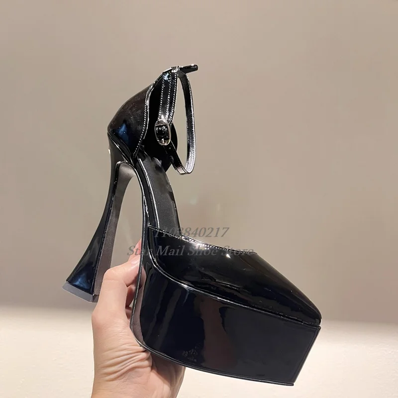 Women's Black Patent Leather High Platform Sandals Sexy Pointed Toe Strange Style High Heel Sandals Nightclub Dance Dress Shoes