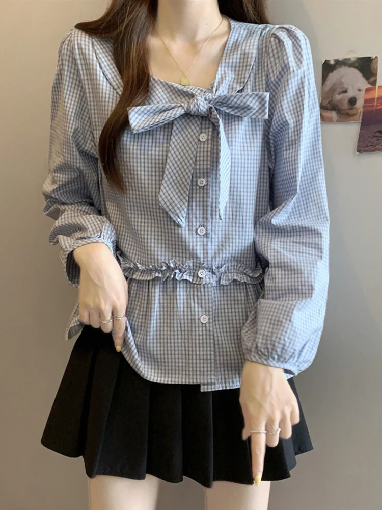 

Oversized Tops Long Sleeve Lace-up Plaid Ruffles Patchwork Shirts Fashion Design Blouses Loose All Match 2025 Women's Clothing