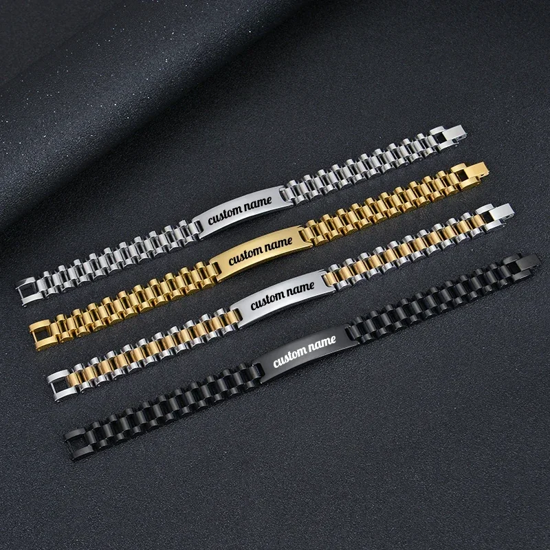 

Personalized Engravable Stainless Steel ID Bracelets for Men Custom Engrave Name Plate Identity ID Bar Bracelets for Him19-21CM