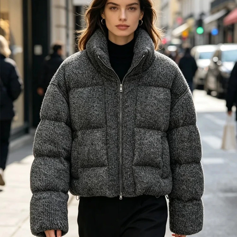 Women's Cropped Puffer Jacket Stand Collar Full Zip Knit Spliced Padded Coat Warm Fit Winter Outerwear for Street Daily Wear