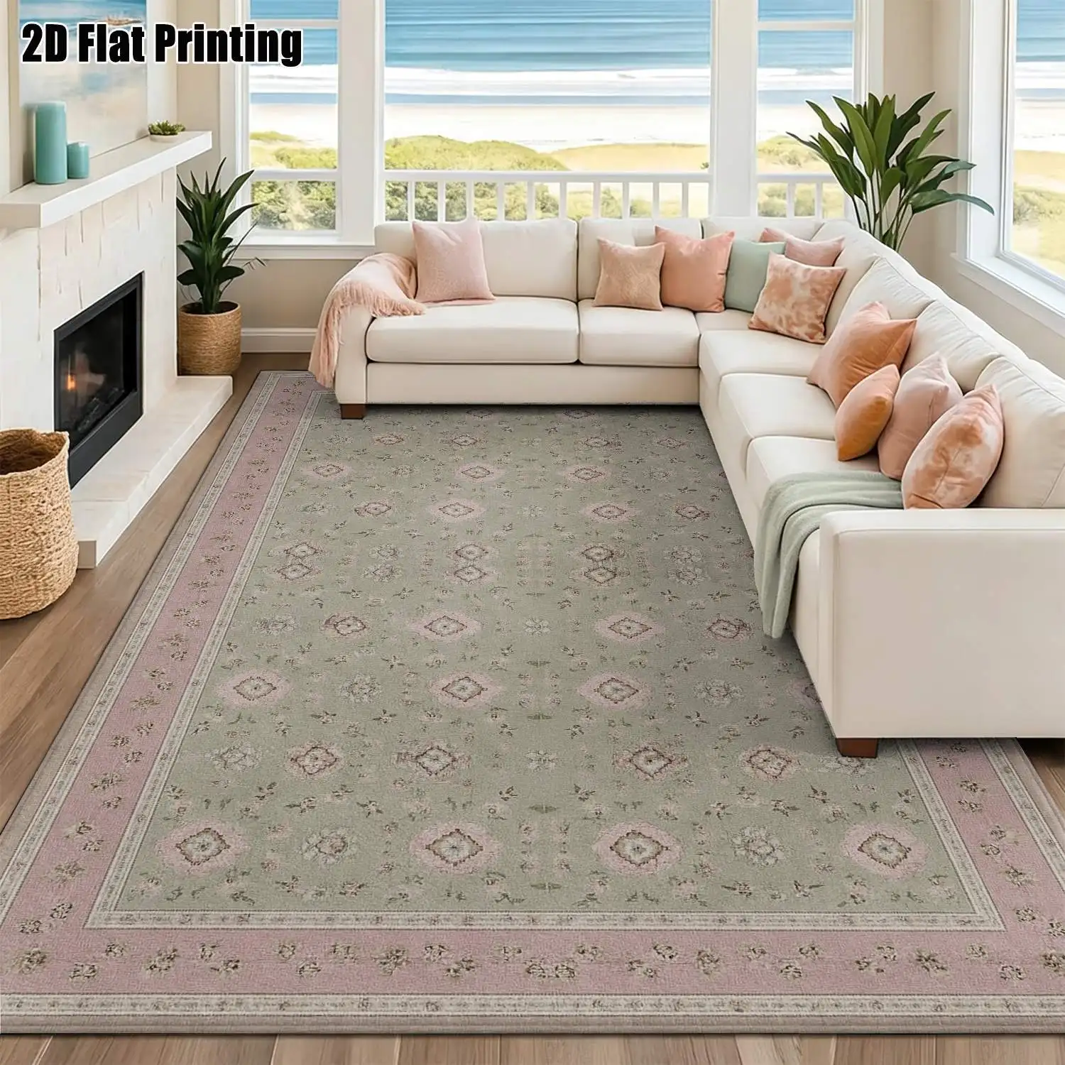 1Pc 2D Printed Carpet: Light Green Pink-Edged Geometric European Retro Bohemian Style, Machine Washable, Multi-Size, Suitable for Home Decor, Door Mat, Dining Room, Bedroom, Living Room