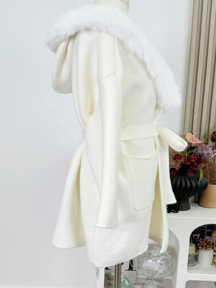 الفرنسية الرجعية أنيقة مقنعين فو الفراء طوق معطف الصوف للنساء شتاء دافئ الوجهين مربوط فضفاض صالح أنيق ملابس خارجية أنيقة