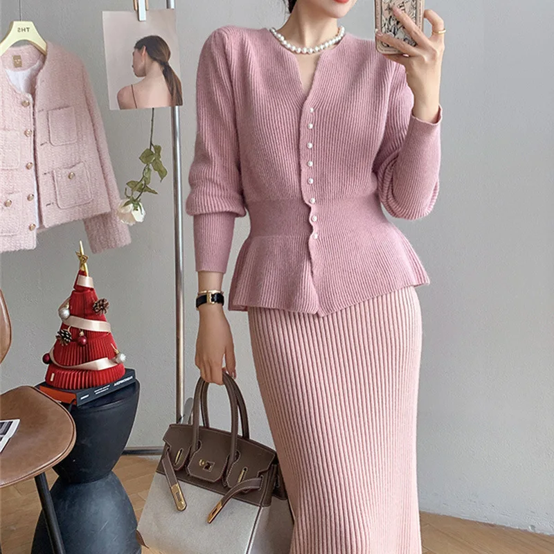 Fashion Chic Slim Cardigan Sweater Top Y2k Women Knitted Two Piece Skirt Set New Fashion Tide Autumn Winter 2024