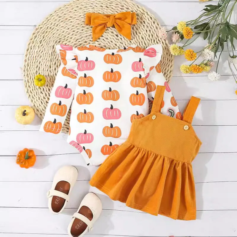 MILANCEL New Halloween Baby Bodysuit Set Infant Sweet Cartoon Pumpkin Jumpsuit + Corduroy Suspender Skirt +Hair Band