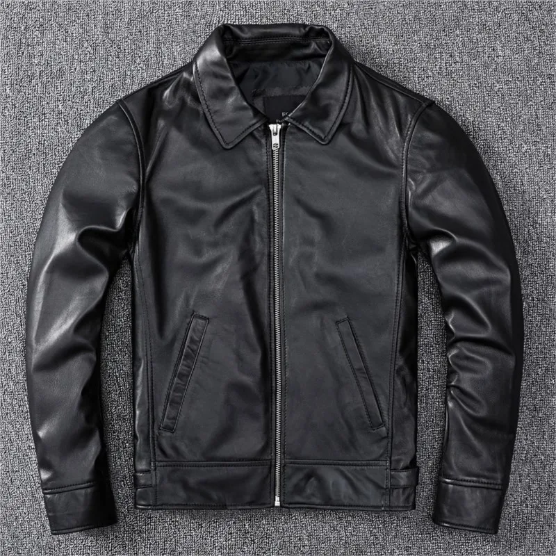 New top-grain leather men's short thin lapel casual coat