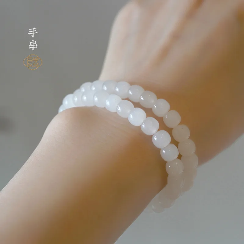 Hetian , Mutton Fat , White Jade Vintage-Style Bracelet, Women'S Fortune Bead Single-Loop Brac