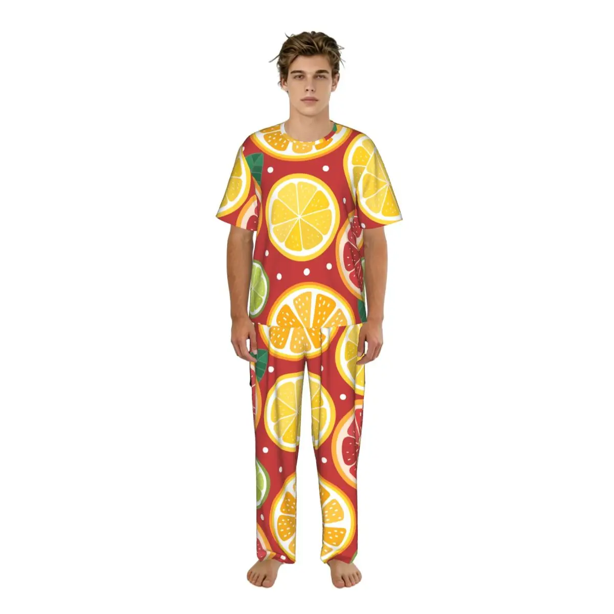 

Men's Pajamas Set Summer Short-Sleeve Tops + Long Pants Nightwear Home Wear Suits Orange Lime Lemon And Grapefruit Sleepwear