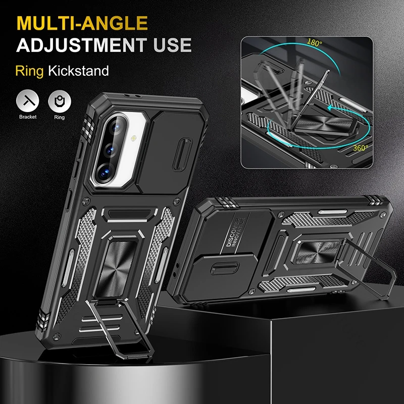 

Hybrid TPU PC Push Window Slide Lens Case For Samsung A73 A53 A33 A23 A36 A56 A26 A16 A06 A35 Armor Ring Stand Heavy Duty Cover