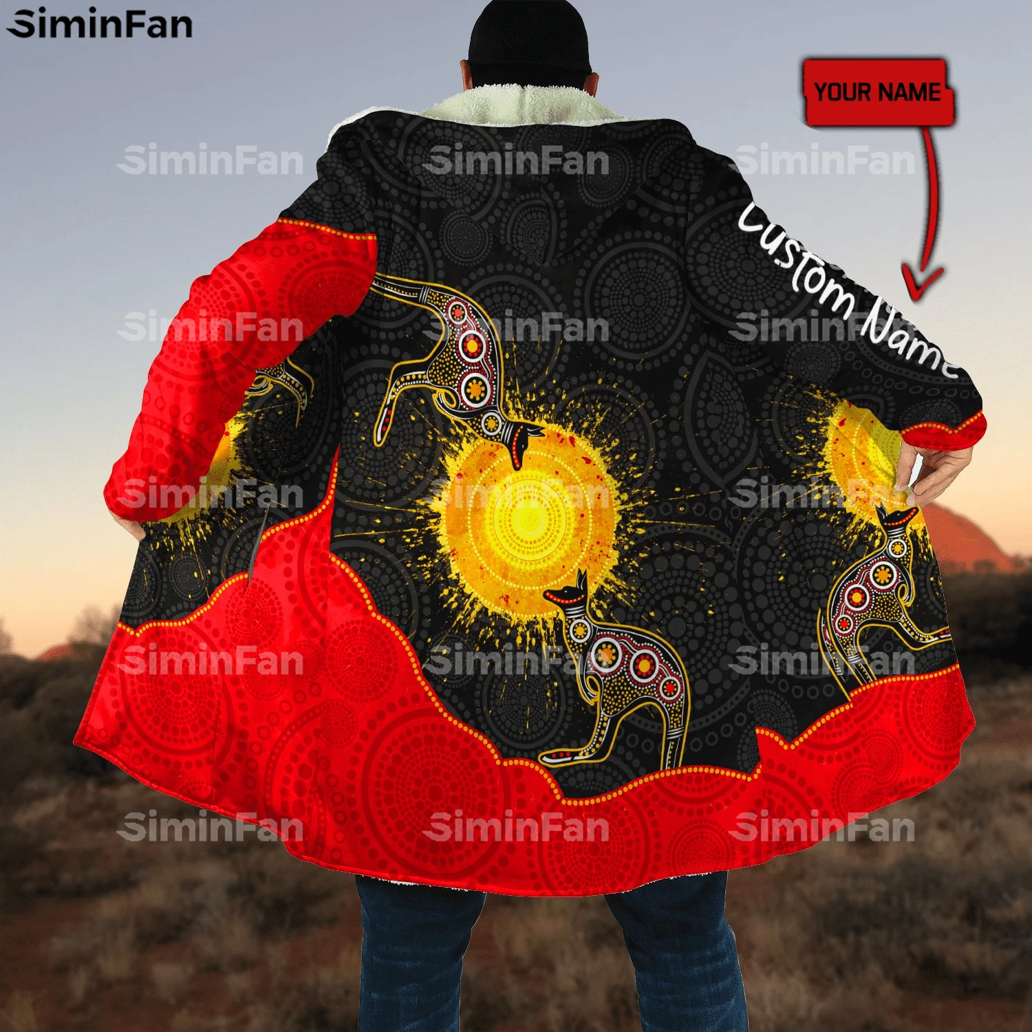 

Aboriginal Flag Sun Kangaroo 3D Full Printed Thick Warm Hooded Cloak Men Windproof Fleece Cape Robe Overcoat Winter Windbreaker