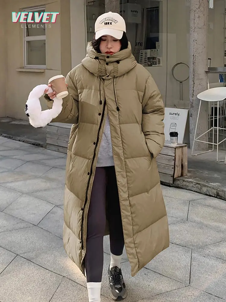 

V&E New Solid X-Long Straight Winter Coat Women Parkas Clothes Casual Hooded Warm Winter Jacket Female Outerwear