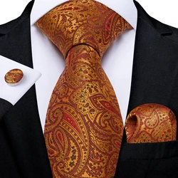 Men Tie Orange Paisley Luxury Silk Polyester Wedding Prom 8cm Necktie Set Pocket Square Cufflinks Gift for Husband Men Accessory