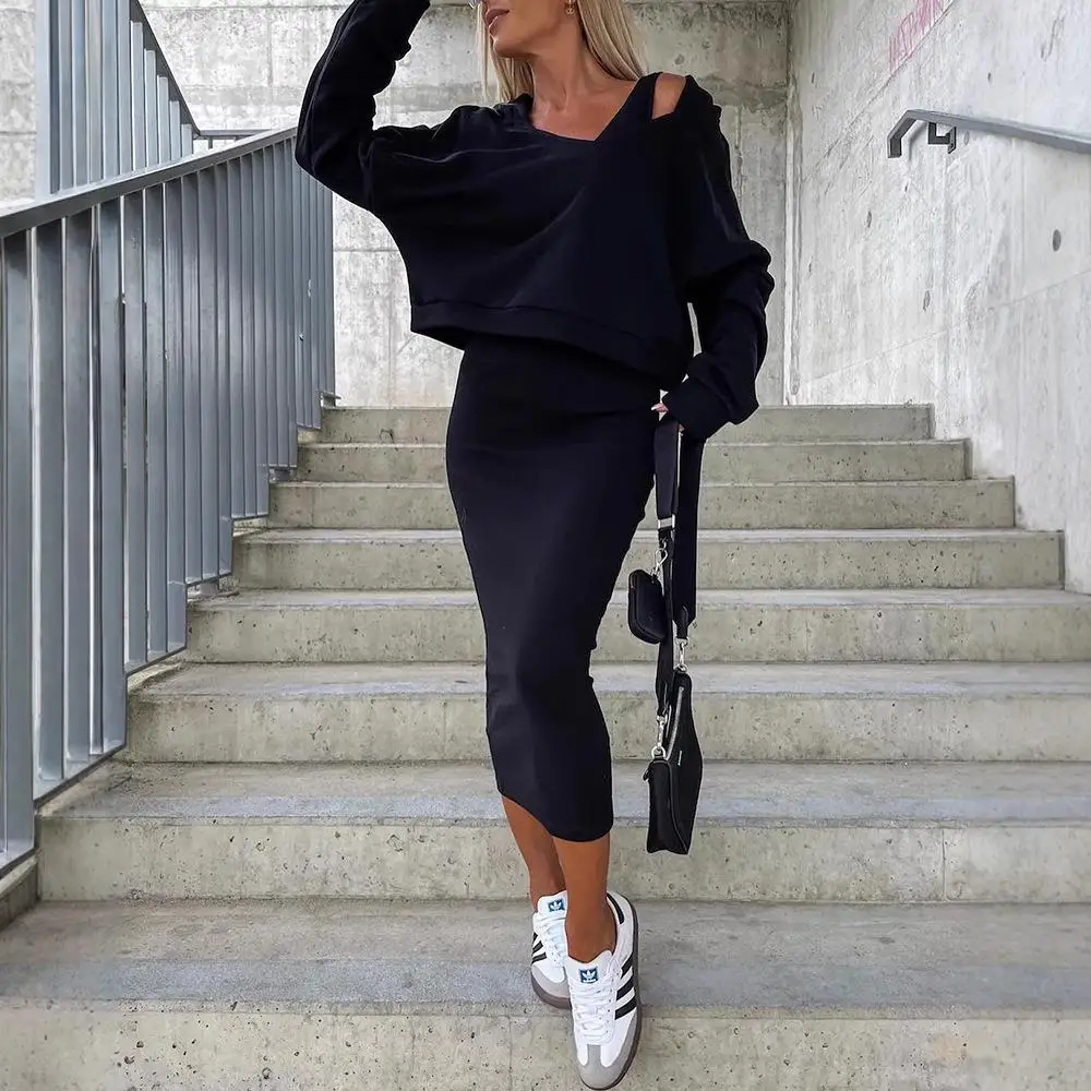 

Женская двухсекционная толстовка с капюшоном и юбкой, комплект с длинной юбкой Sve Briti Sle, зимняя цветная жилетка с воротником, толстовка с капюшоном