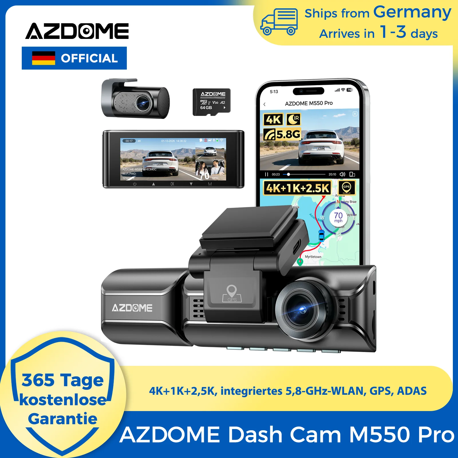 【Entrepôts DE】Nouvelle caméra embarquée AZDOME 4K+1K+2.5K M550 Pro avec WiFi 5.8Ghz intégré, GPS, ADAS, DVR de voiture, vision nocturne et moniteur de stationnement