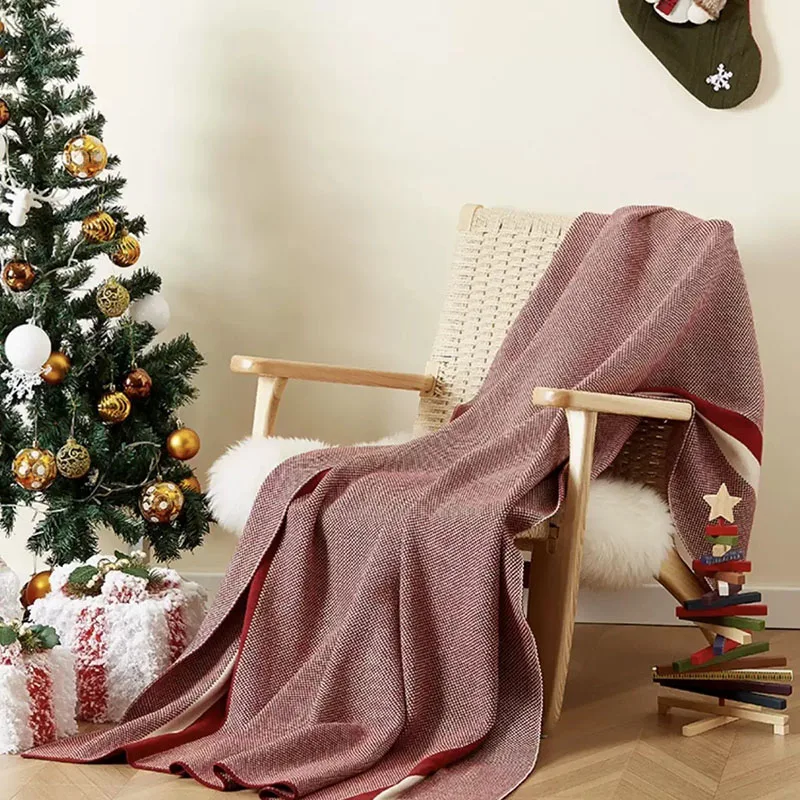 Red Knitted Striped Blanket for Festivals Skin-Friendly Soft Bed End Towel for Home Homestay Sofa Throw Blankets for All Seasons