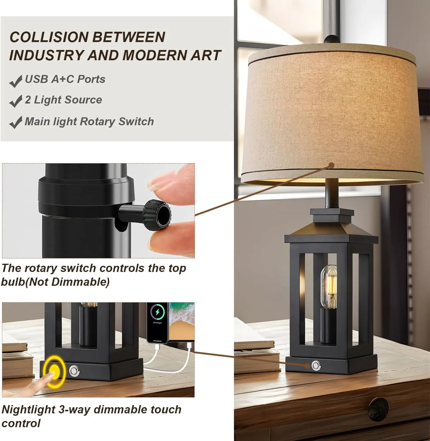 Lámpara de mesa negra vintage de 23,75" con control táctil, puertos USB C+A y fuentes de luz duales para sala de estar o dormitorio