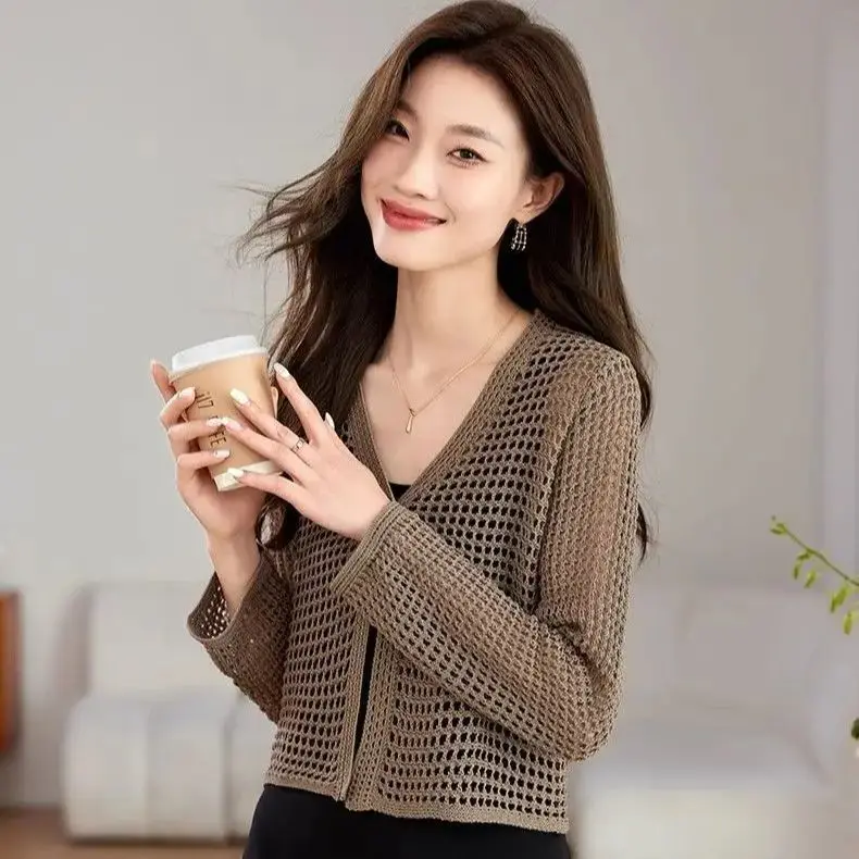 

Openwork Knit Cardigan Summer Loose-Fit Lightweight Sun Protection Cover-Up Long-Sleeved Top Outerwear Soft and Breathable