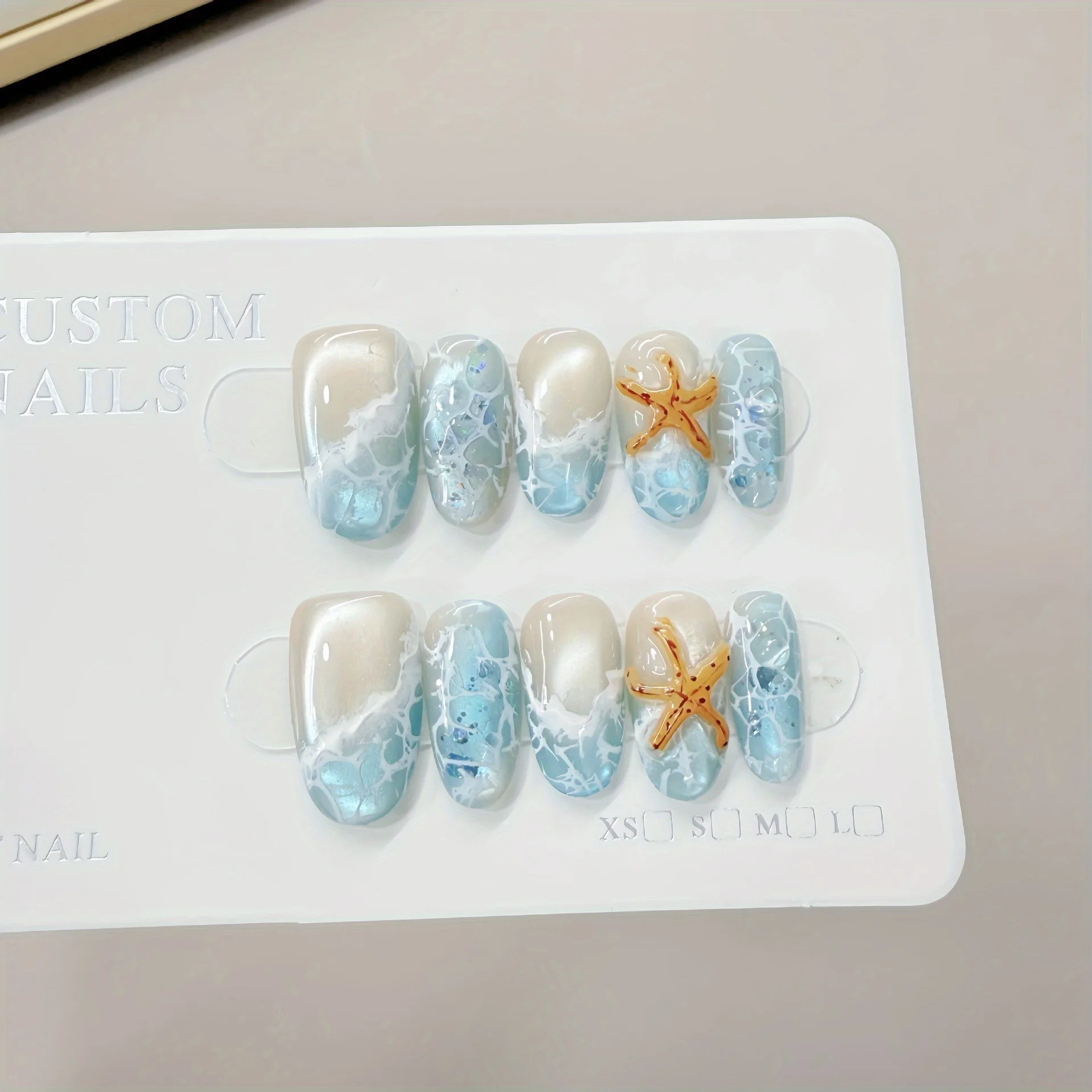 

10pcs Handmade Press on Nails Summer Wave Ripple Starfish Full Coverage Nail Tips for Women&Girl Detachable Wearable Nail Art