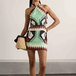 Fashion Pattern Print Halter Women's Dress Summer Sexy Hollow Backless Slim Short Dress Casual Sleeveless Lace Up Beach Dresses