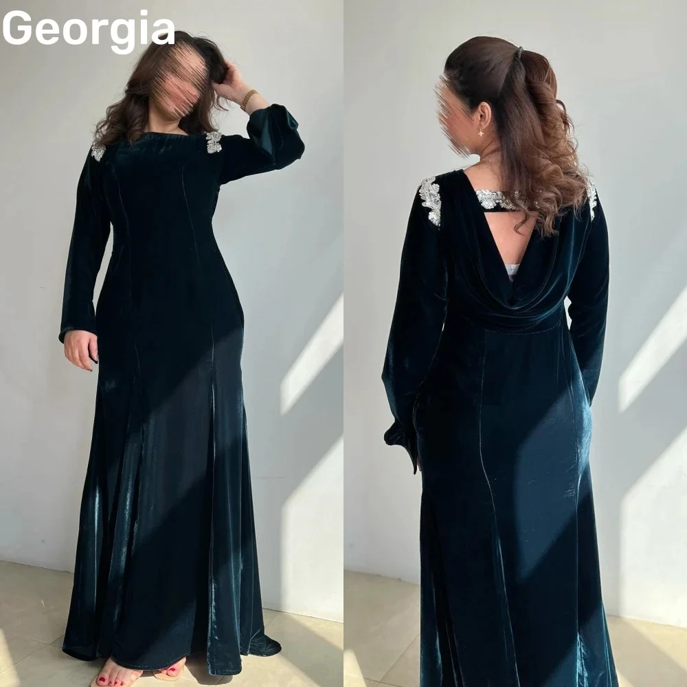 Evening Dresses A-Line Scoop Neckline Ruffle Floor-Length Dress Women Elegant Luxury Zipper Up Long Sleeves Birthday Dresses Lux