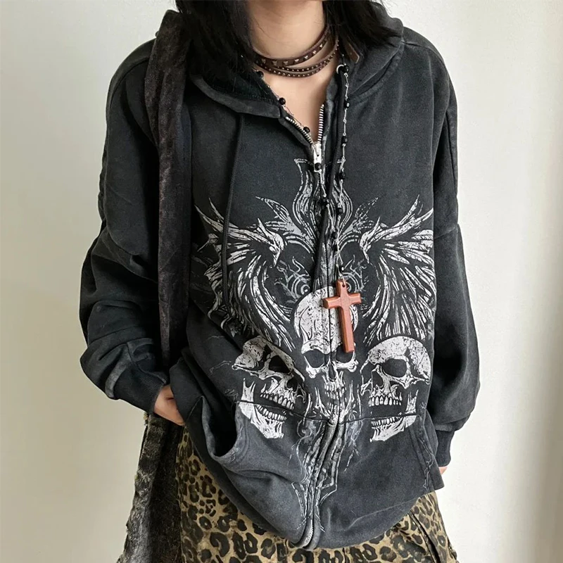 Skeleton Print Women Long Sleeve Hooded Zipper Cardigan Sweatshirt Autumn Winter Dark Y2k Gothic Loose Clothing Unisex Halloween