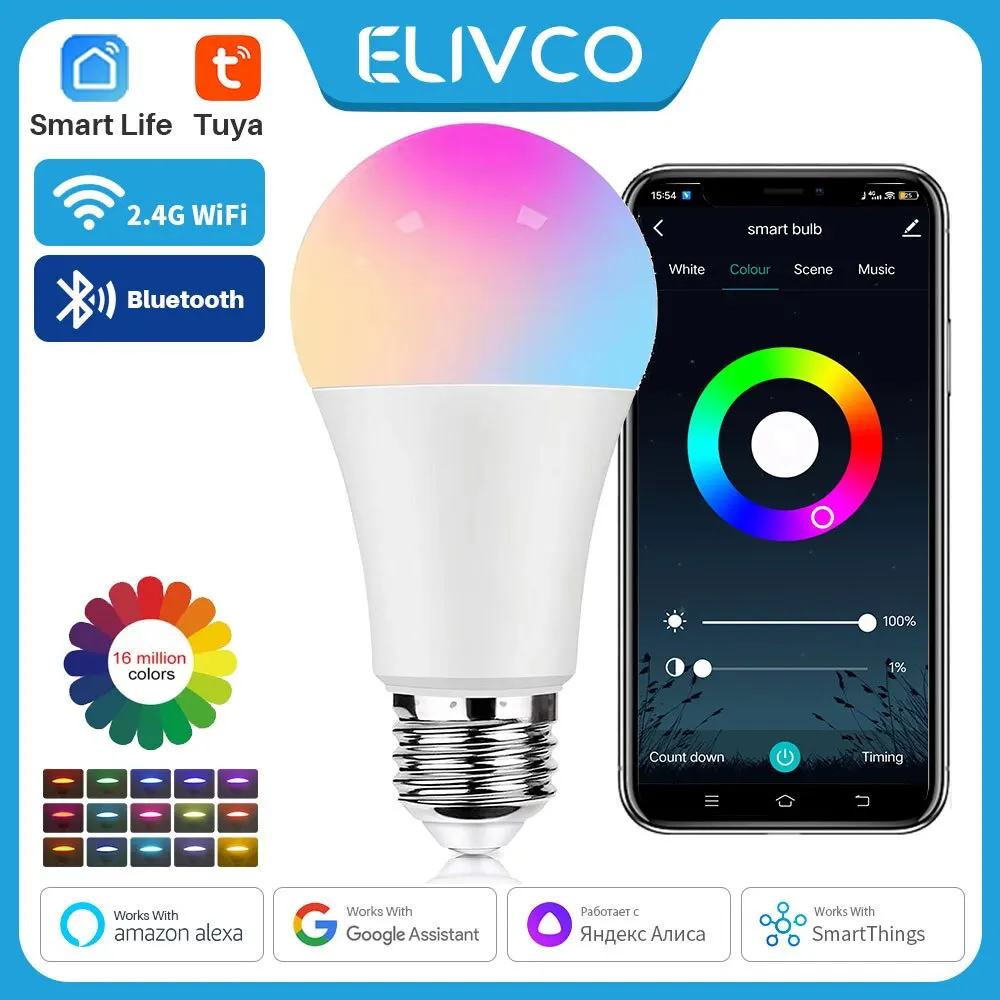 Tuya Smart Bulb E27 WiFi/Bluetooth dimmerabile lampadina a LED RGBCW 100-240V Smart Life App Control Support Alexa Google Home