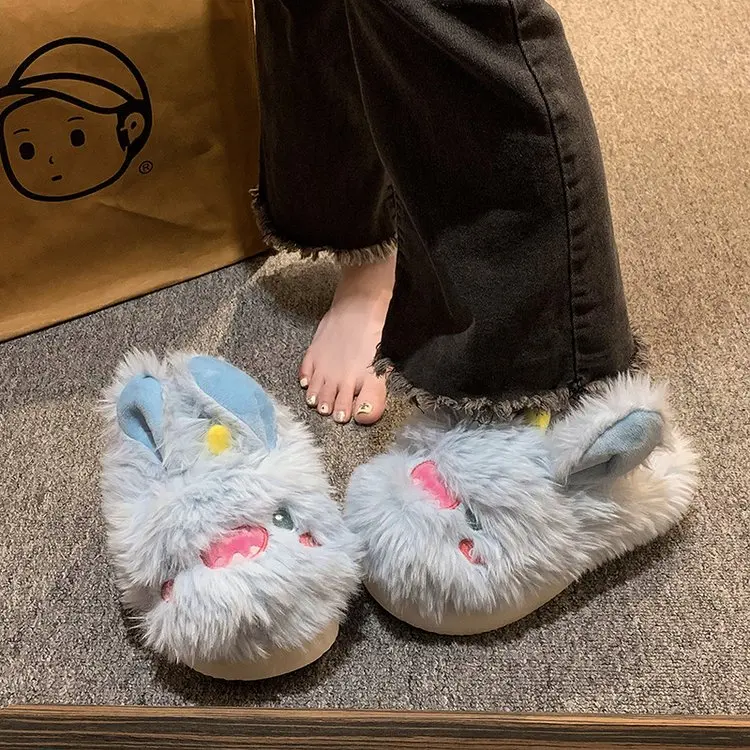 2023 new Fluffy Fur Slippers Women Men Autumn Winter Warm Shoes Soft Plush Lovers Home Floor Slides Cute Animal Frog Footwear