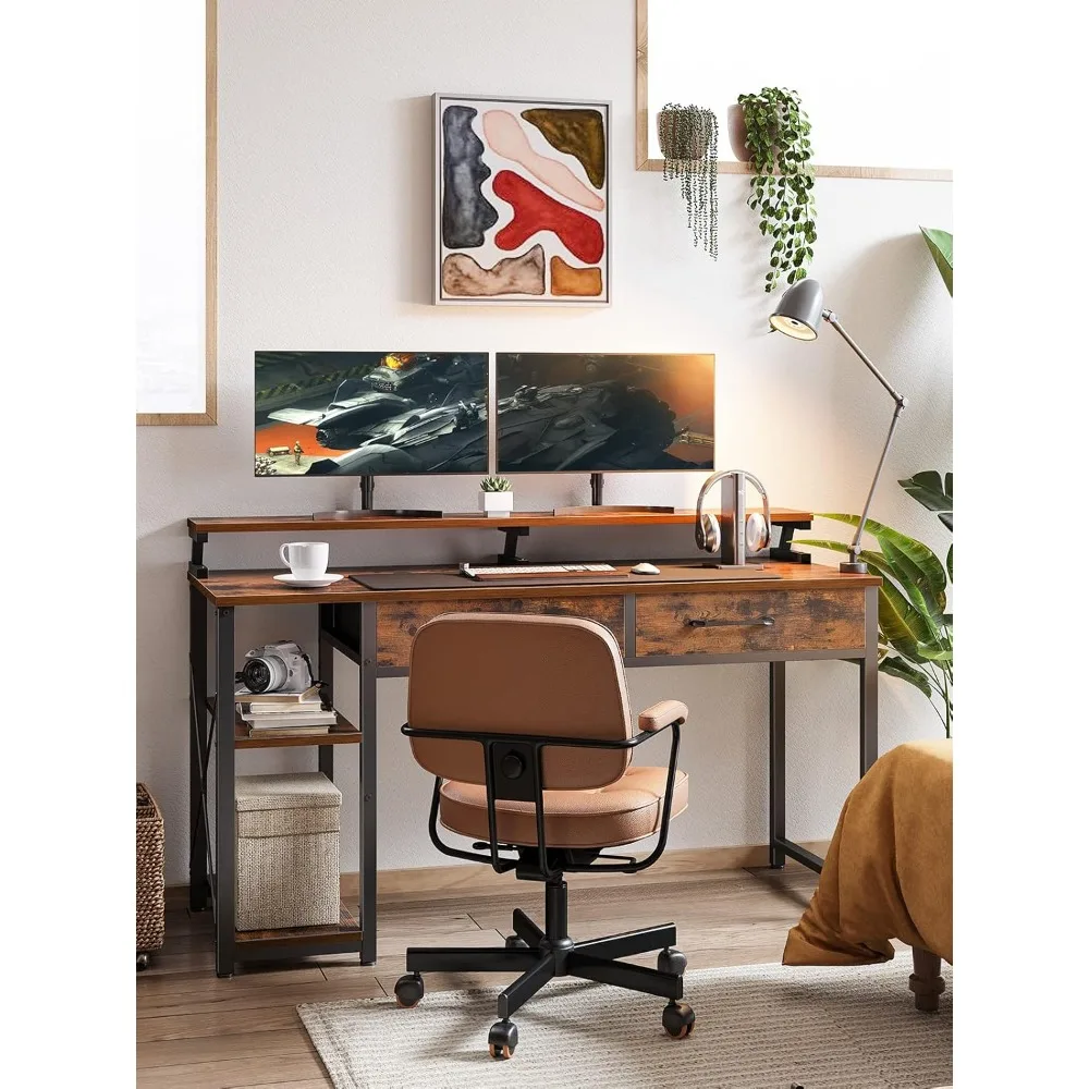 Computerbureau Met Lades, 55 Inch Bureau Met Opbergtas & Planken, Werk Schrijftafel Met Monitor Plank